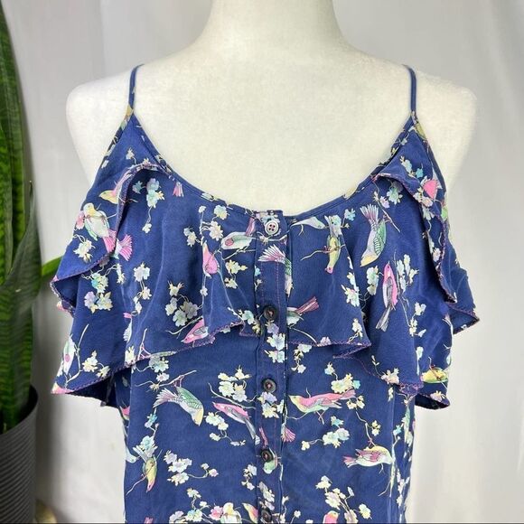 REBECCA TAYLOR Size 4 Silk Spaghetti Strap Top Floral with Ruffle Detail - Picture 2 of 9